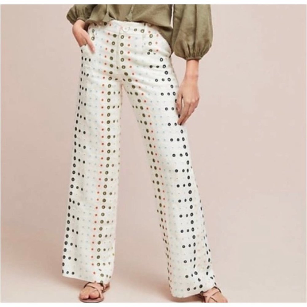 Anthropologie White Wide-Leg Eyelet Dot Pants